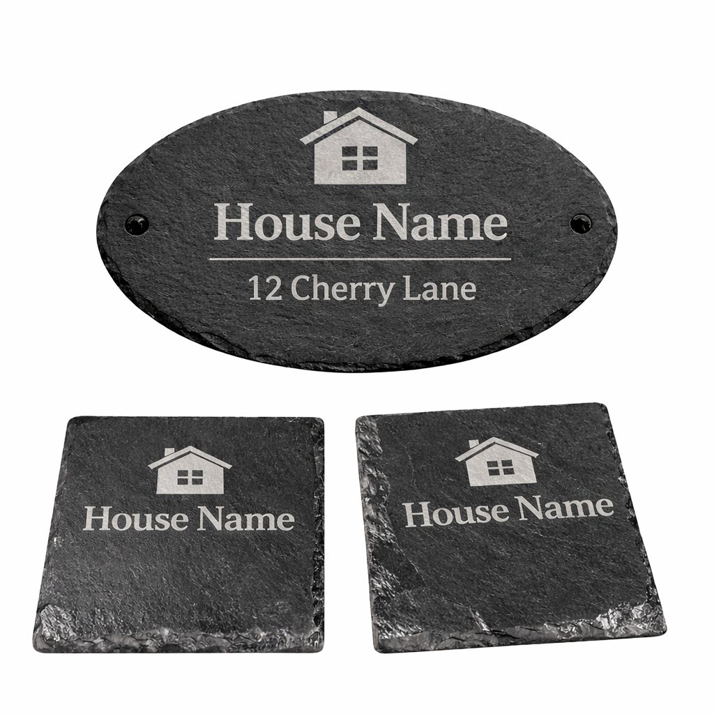 Personalised oval slate house sign with matching engraved slate coasters, custom house name and address sign set for Airbnb and holiday homes