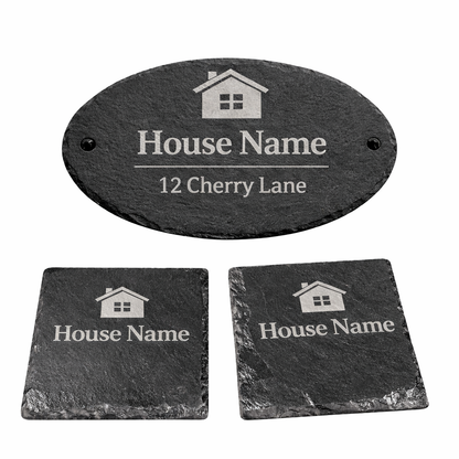 Personalised oval slate house sign with matching engraved slate coasters, custom house name and address sign set for Airbnb and holiday homes