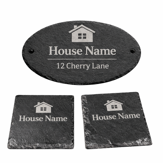 Personalised oval slate house sign with matching engraved slate coasters, custom house name and address sign set for Airbnb and holiday homes
