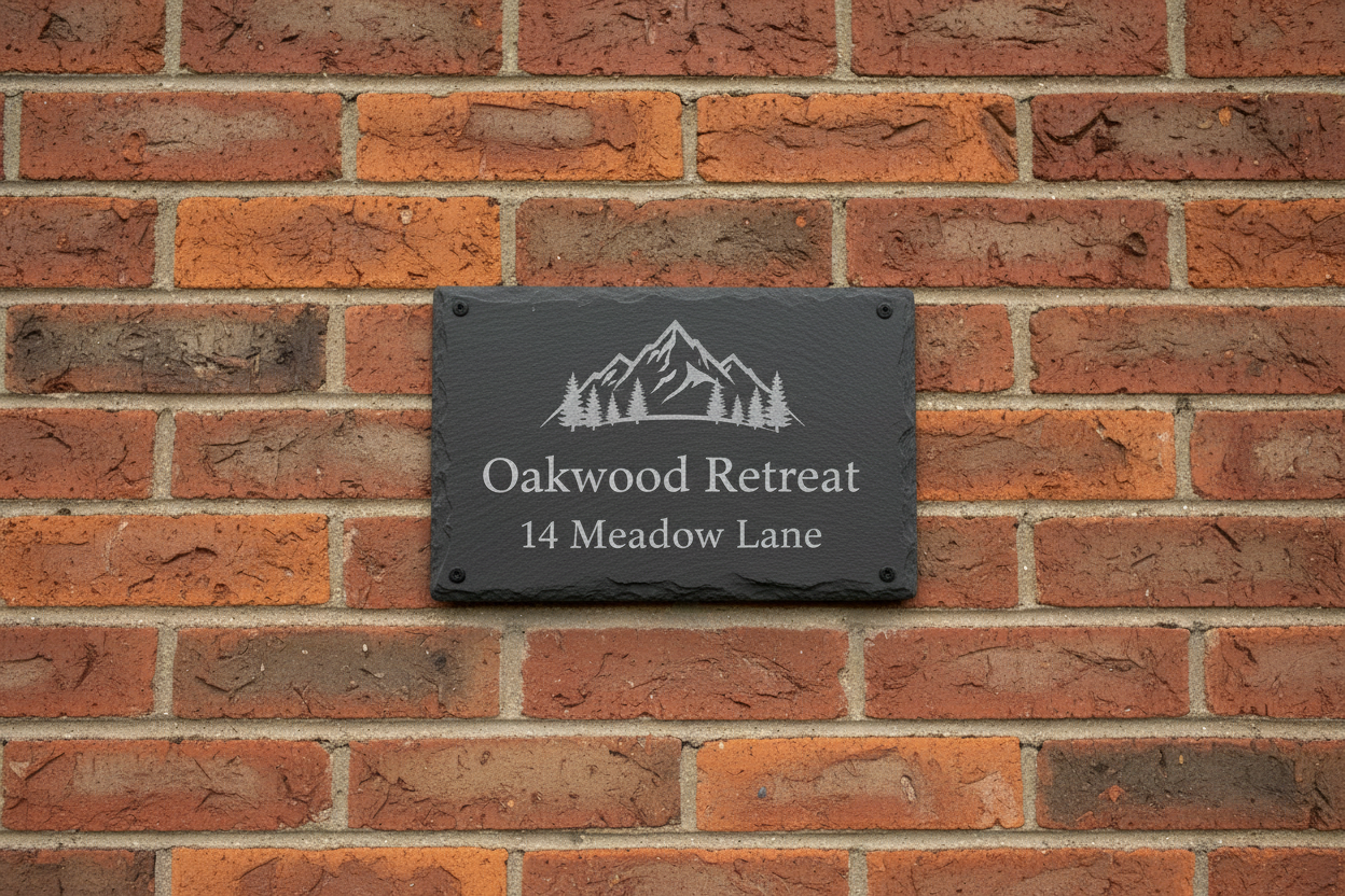Personalised Slate Airbnb rental home-sign with logo and address on brick wall