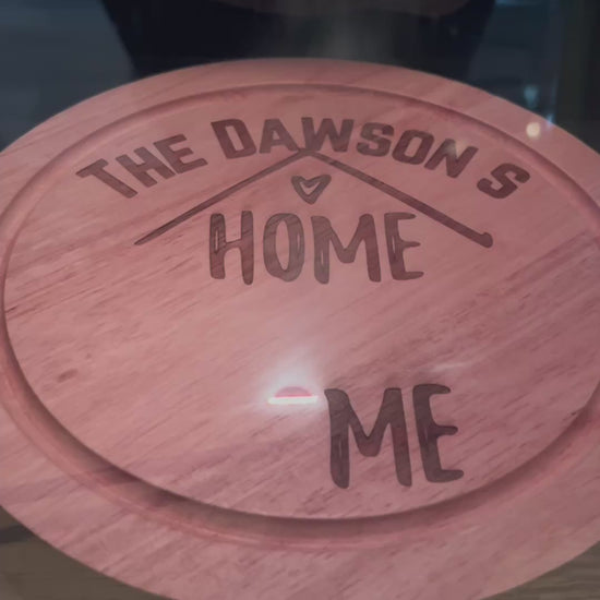 Personalised Engraved Wooden Cheeseboard with partial 'Home Sweet Home' text, rustic finish, ideal for gifting new homeowners. Nuneaton, Warwickshire