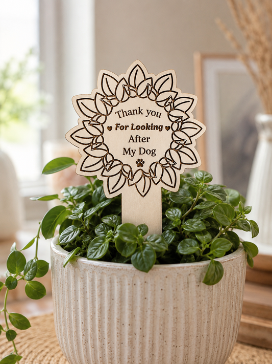 A wooden engraved pet thank you garden stake placed in a small potted green plant inside a ribbed beige ceramic pot, with a softly blurred indoor background.