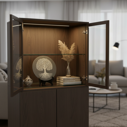 Wooden display cabinet with open doors showing decorative items in a living room setting.