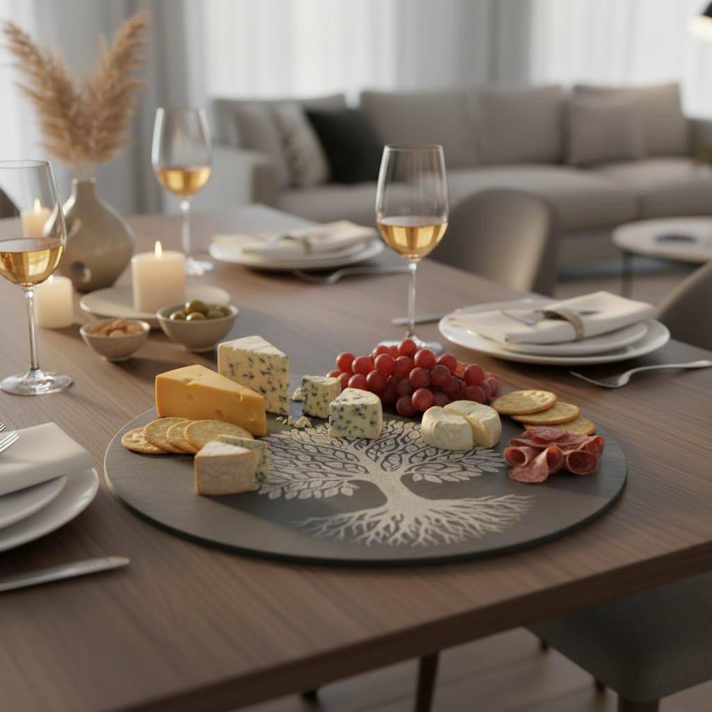 Dining table set with a cheese platter, wine glasses, and candles in a living room setting.