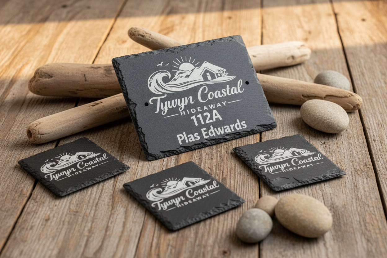 Tywyn Coastal Hideaway personalised slate address plaques with name, logo and address with 3 matching square slate coasters.