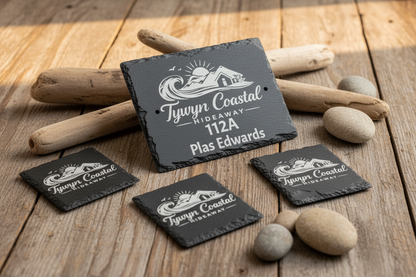 Tywyn Coastal Hideaway personalised slate address plaques with name, logo and address with 3 matching square slate coasters.