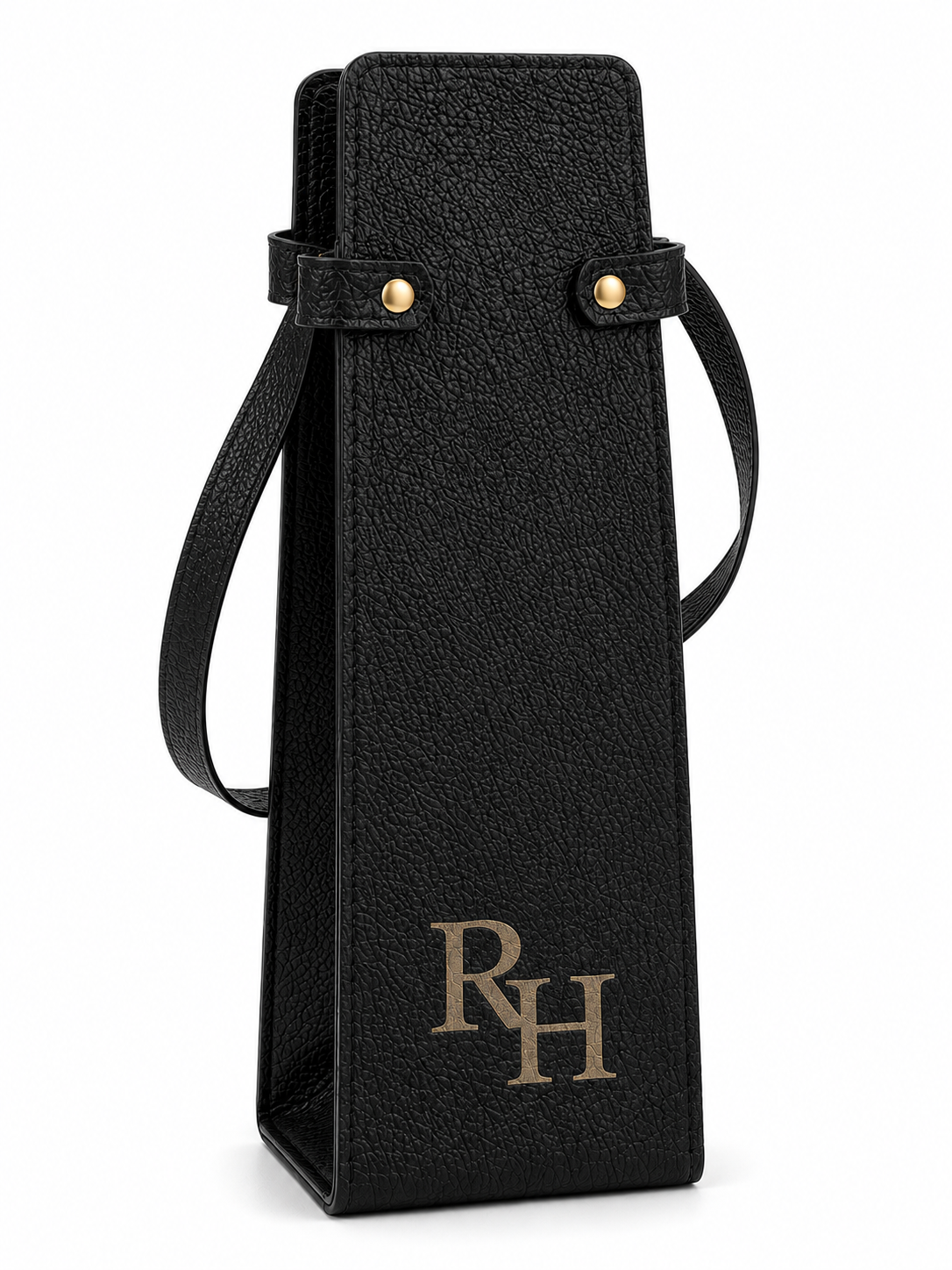 Personalised black faux leather wine bottle carrier with laser engraved initials on a white background.