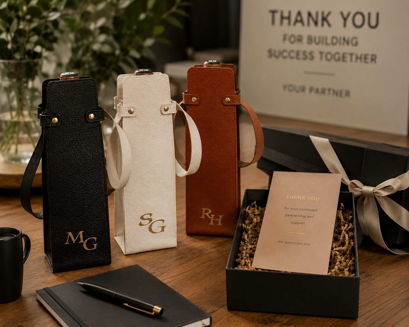 Branded faux leather wine bottle carriers with engraved company logo displayed as premium corporate client gifts.