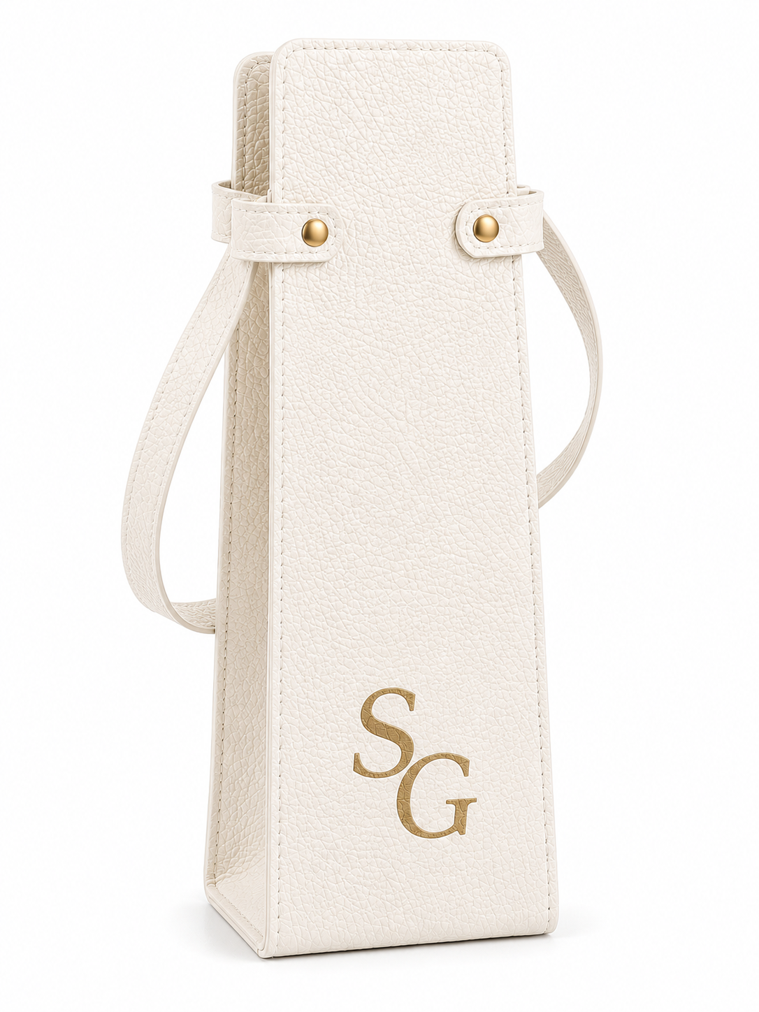Personalised white faux leather wine bottle carrier with laser engraved initials on a white background.